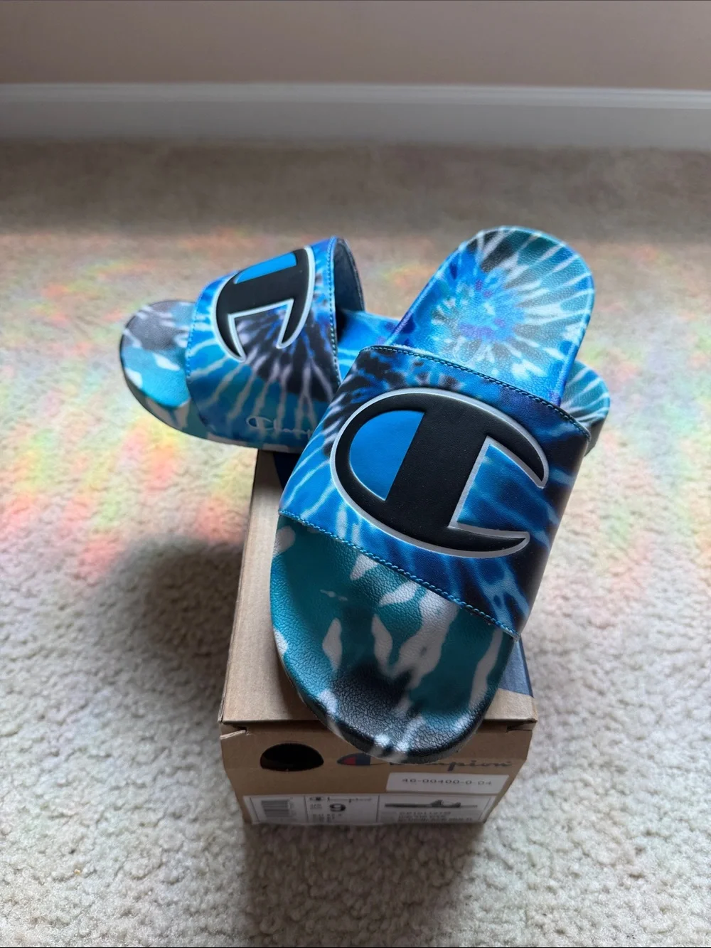 Champion Blue Tie-Dye Slide Sandals with Black Logo